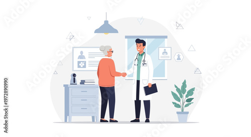 Doctor shaking hands with elderly patient in clinic, healthcare consultation and medical checkup