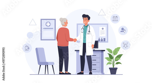 Doctor shaking hands with elderly patient in clinic, healthcare consultation and medical checkup