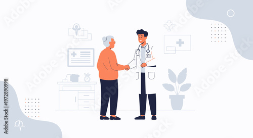 Doctor shaking hands with elderly patient in clinic, healthcare concept