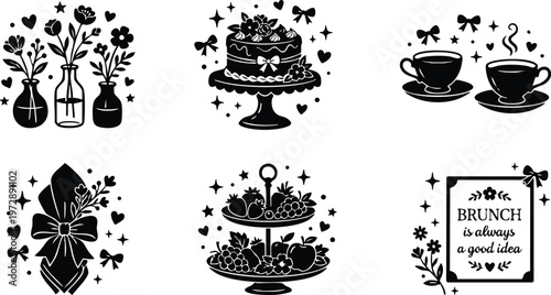 Black and white floral bouquet cake and brunch quote vector art