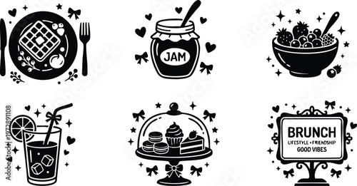 Black and white brunch icons with waffles jam fruit bowl and desserts illustration