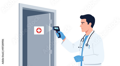 Doctor using infrared thermometer to check temperature at hospital entrance during pandemic