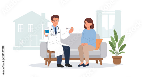 Doctor visiting patient at home, offering medical advice and treatment