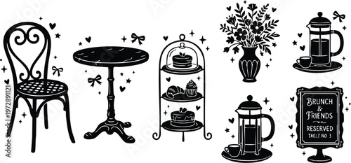 Cafe chair table cake stand french press and brunch sign