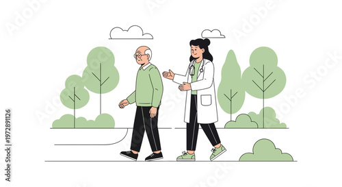 Doctor walking with elderly patient outdoors, promoting health and well-being