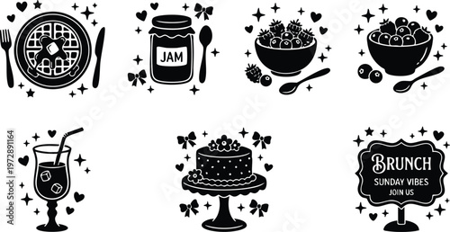 Black and white brunch icons with waffle jam berries cake and cocktail