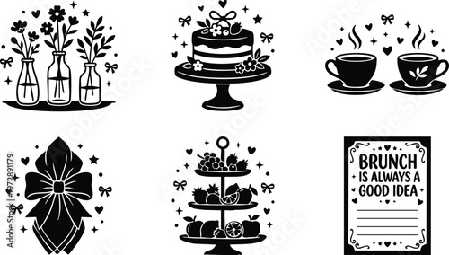 Black and white brunch is always a good idea lettering with cake cups fruit flowers vector art