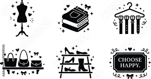 Black and white choose happy text with fashionable accessories including shoes bags belts and mannequin