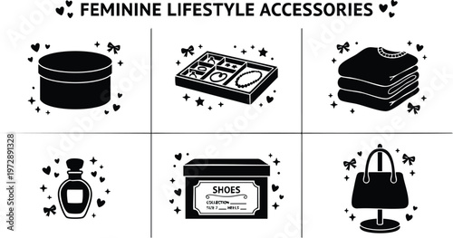 Black and white feminine lifestyle accessories icons set with perfume shoes and handbag