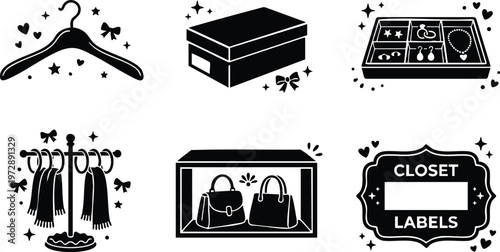Black and white closet labels box hanger jewelry organizer bags flat vector art