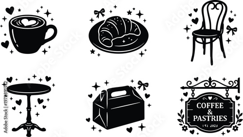 Black and white coffee and pastries cafe symbols with hearts and sparkles