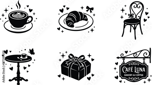 Black silhouette cup of coffee croissant table chair and cafe luna bakery coffee sign vector art