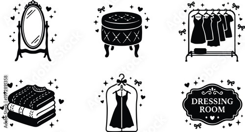 Black and white dressing room icons with mirror clothes rack and dresser label