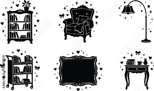 Black and white vintage bookshelf armchair floor lamp reading cart antique frame side table vector art