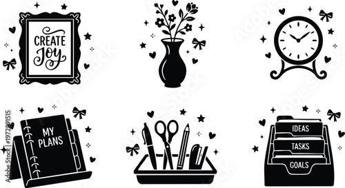 Black and white create joy script lettering with vase clock planner organizer and stationery items
