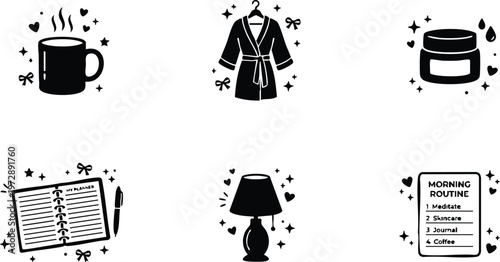 Black and white icons of morning routine items with coffee lamp planner and robe