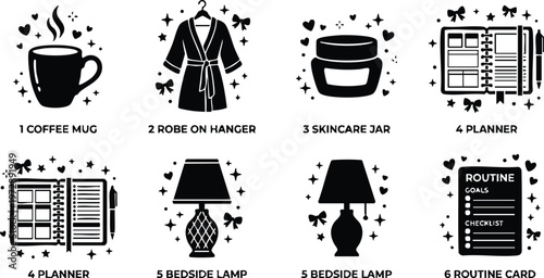 Black silhouette coffee mug robe skincare jar planner bedside lamp and routine card icons