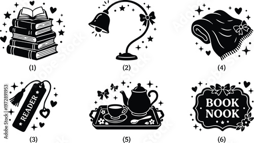 Black and white cozy reading stack of books and tea set with lamp and blanket vector art