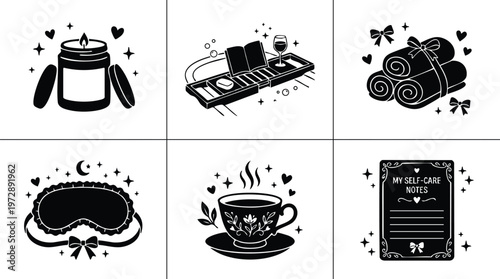 Black and white self care icons including candle with hearts and bath tray with wine glass