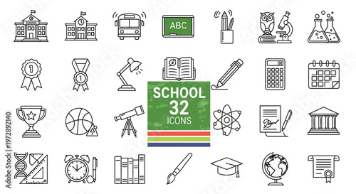 32 School and Education Line Icons Set: Minimalist Vector Symbols for Back to School, Learning, Science, and Graduation.