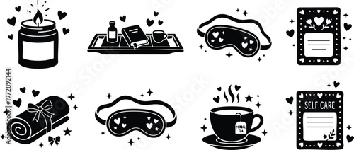 Black and white self care icons with candle towel tea and eye masks