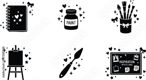 Black and white art set with easel paint jar palette and inspiration board vector line art