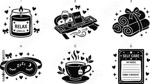Black and white relax candle tea cup and self care notes icons set