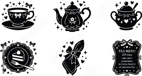 Black silhouette tea set with decorative bow teapot cup cake slice and tea menu sign
