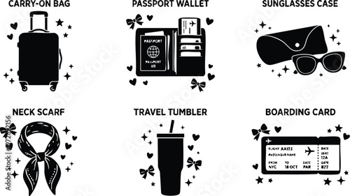 Black carryon bag passport wallet sunglasses case neck scarf travel tumbler boarding card icons vector art