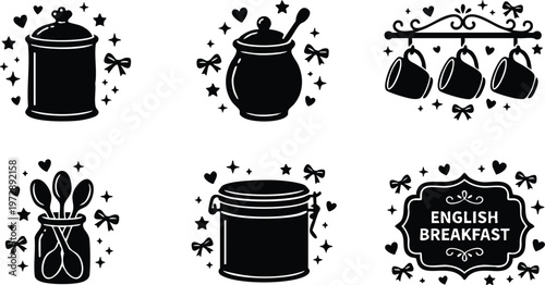Black and white english breakfast kitchen jars spoons and hanging cups vector art