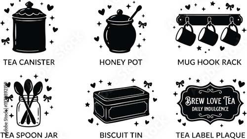 Black and white tea canister honey pot and mug hook rack vector art with cozy kitchen utensils