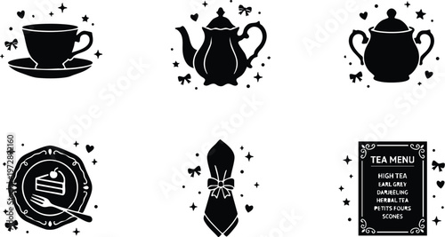 Black silhouette tea set with cup teapot sugar bowl and dessert plate with fork and tea menu flat vector art