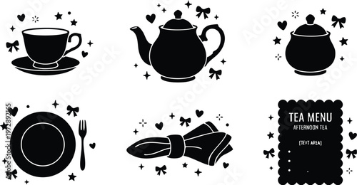 Black and white tea set with cup teapot sugar bowl napkin and menu line art
