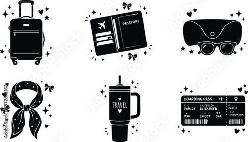 Black and white travel icons suitcase passport sunglasses scarf tumbler and boarding pass