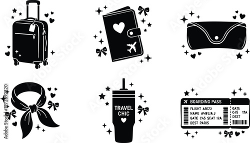 Black travel chic icons with suitcase boarding pass wallet scarf and cup