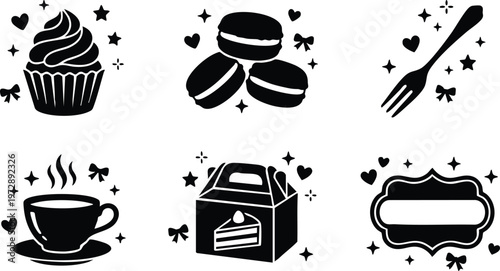 Black and white cupcake macarons coffee cake box and fork vector art icons