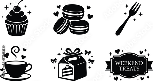 Black and white weekend treats lettering with cupcake macarons coffee fork and dessert box icons