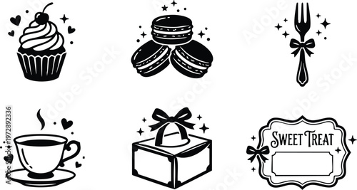 Black and white sweet treat cupcake macaron fork with bow coffee cup gift box and label line art vector