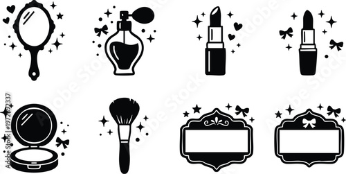 Black and white flat design makeup icons with mirror lipstick perfume brush and label