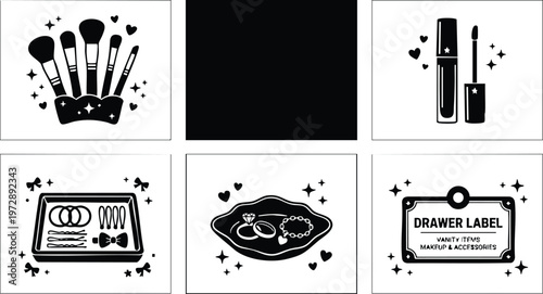 Black and white makeup brushes rings and drawer label vector set with stars and hearts