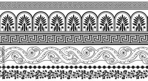 Set of Ancient Greek and Roman Seamless Vector Borders and Ornamental Patterns. Classic Meander, Palmette, and Floral Motifs for Architectural and Graphic Design.
