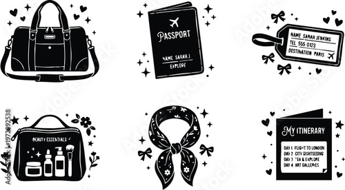Black and white travel essentials passport luggage tag and itinerary flat design