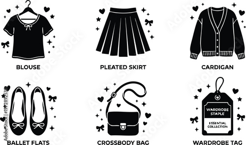 Black and white blouse pleated skirt cardigan ballet flats crossbody bag wardrobe tag vector art set