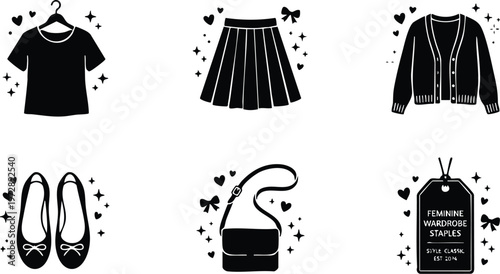 Black feminine wardrobe staples icons with hearts and bows vector art