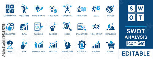SWOT analysis icon set. Containing weakness, opportunity, strength, threat, strategy, planning, success, risk and more. Solid vector icons collection.