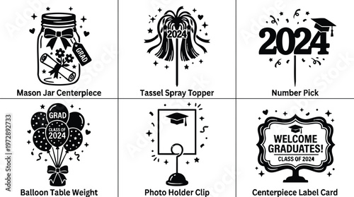 Black and white class of 2024 graduation party decoration icons set