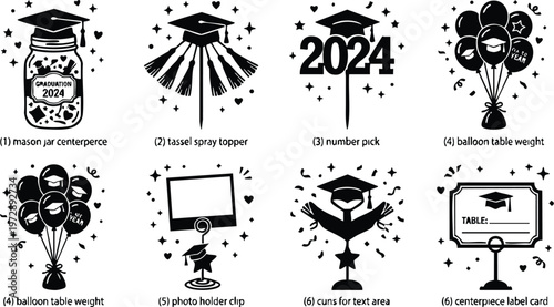 Black and white graduation 2024 centerpiece mason jar tassel and balloons vector art