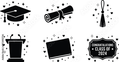 Black silhouette graduation cap diploma tassel podium and congratulations class of 2024 label