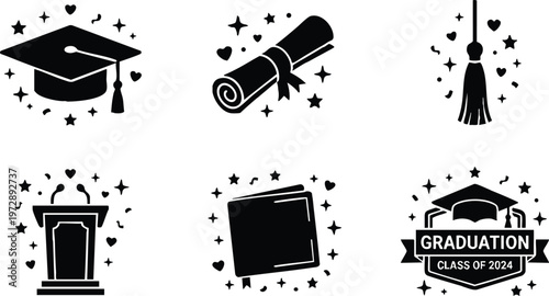 Black graduation cap diploma tassel podium and badge class of 2024 vector art