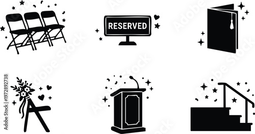 Wedding stage chairs podium and reserved sign icons